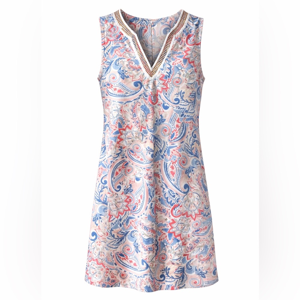 Laundry by Shelli Segal Paisley Shift Dress Embellished Neckline Size 12